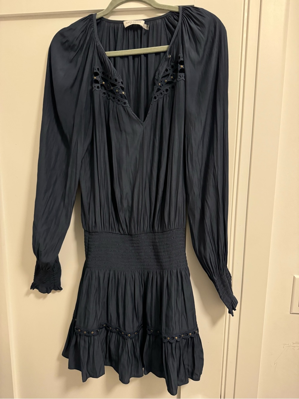 Ramy Brook Navy Long-Sleeve Smocked Waist Dress